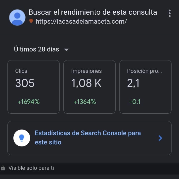Estadísticas de Google: clics en la búsqueda La Casa de la Maceta