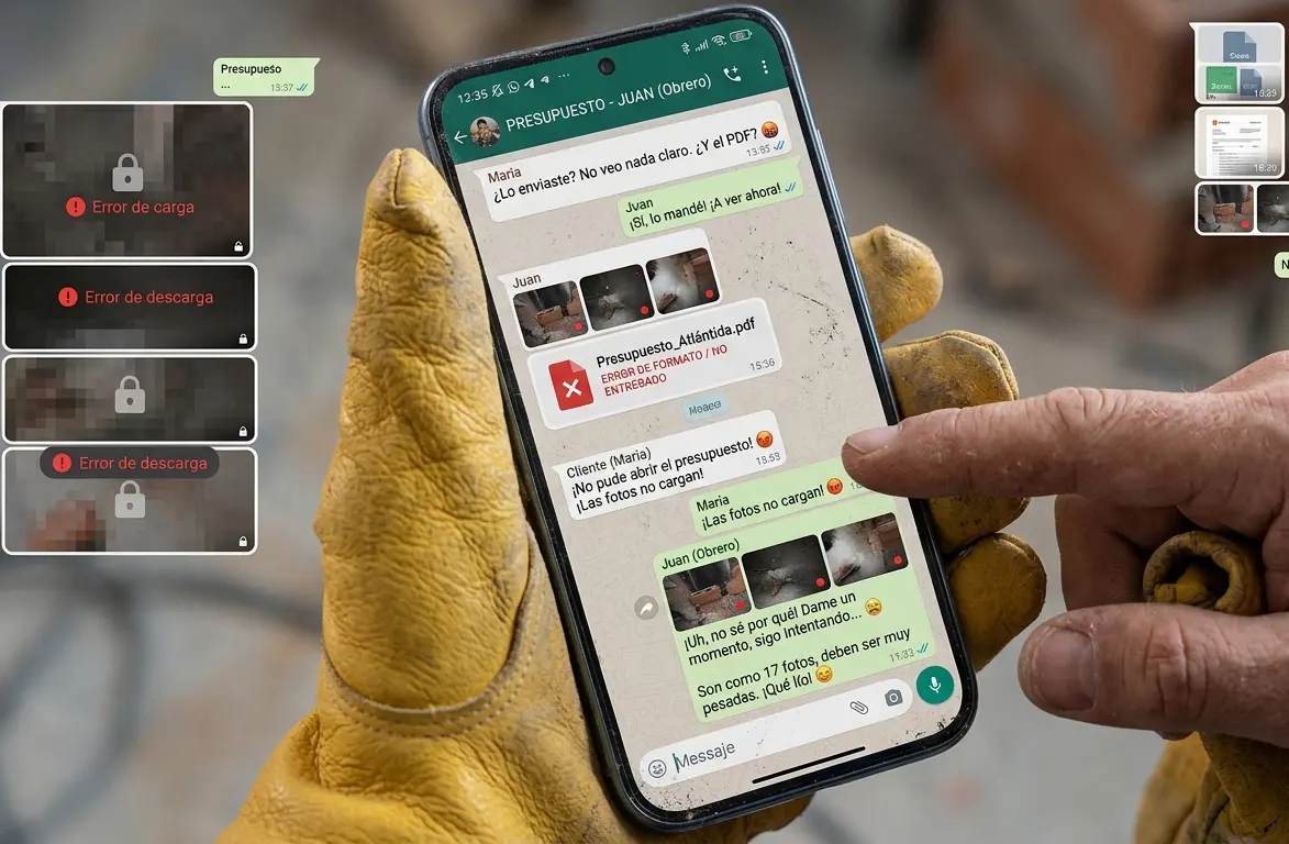 Constructor mostrando fotos de obras desordenadas por WhatsApp en el celular, sin una página web que las organice
