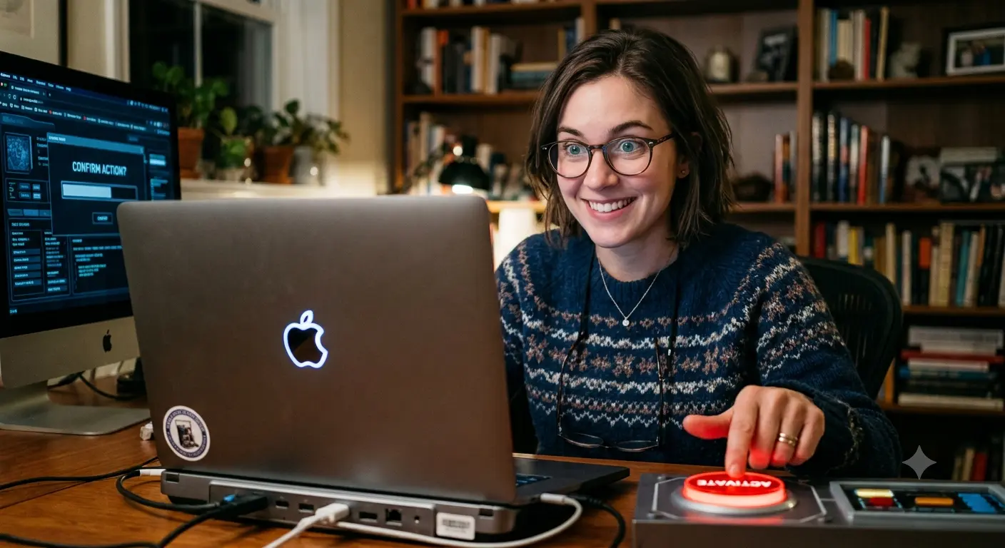 Mujer hace clic en un boton rojo de la pc